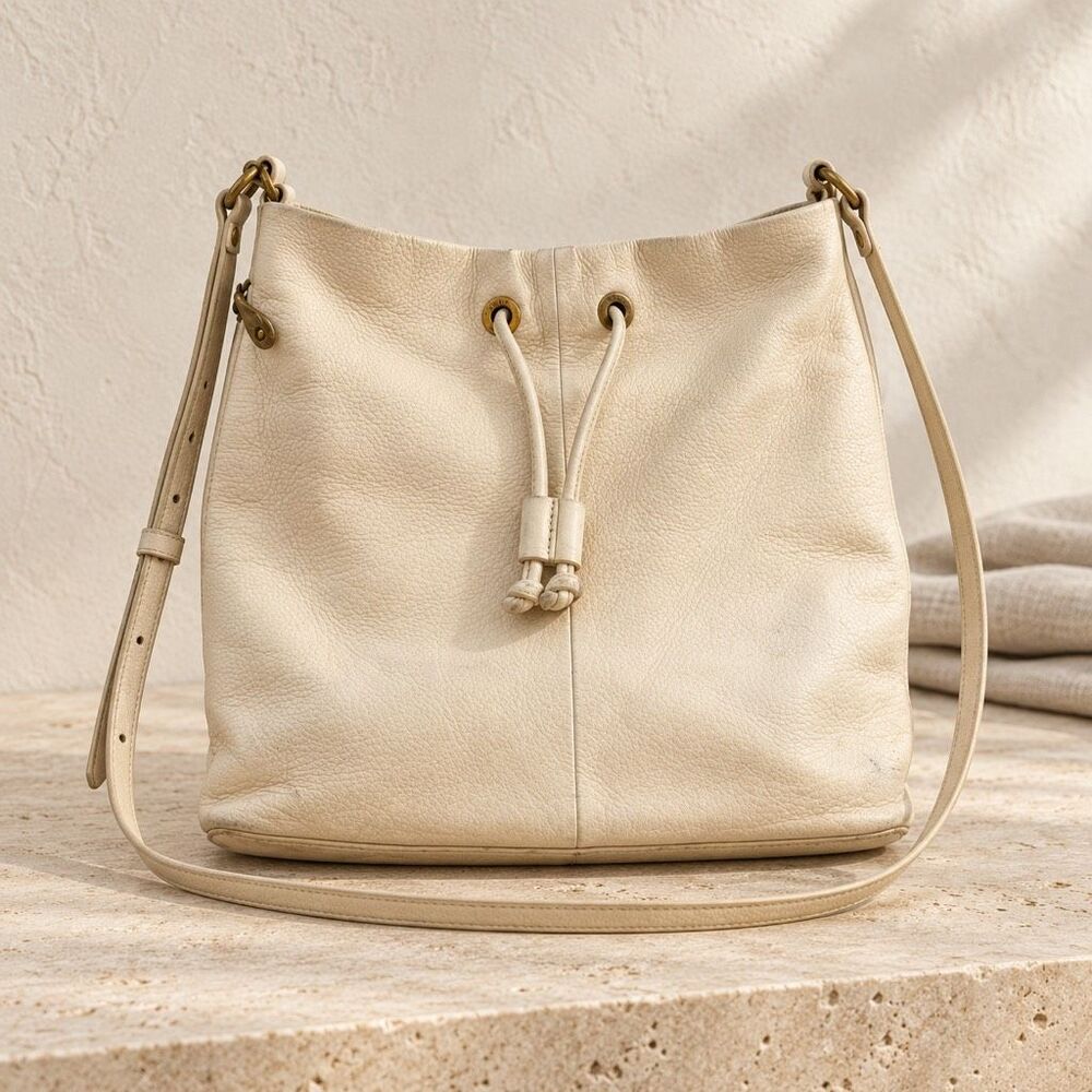 HOBO drawstring leather bucket bag, ivory, $228